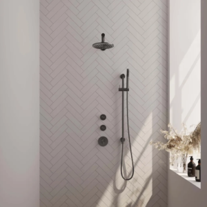 Brauer Gunmetal Edition thermostatische inbouw regendouche SET 13 met 20 cm douchekop en rechte muurarm en staaf handdouche en doucheslang en geïntegreerde glijstang gunmetal......