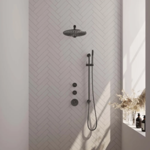 Brauer Gunmetal Edition thermostatische inbouw regendouche SET 14 met 30 cm douchekop en rechte muurarm en staaf handdouche en doucheslang en geïntegreerde glijstang gunmetal......