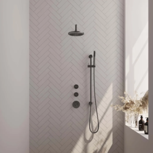 Brauer Gunmetal Edition thermostatische inbouw regendouche SET 15 met 20 cm douchekop en gebogen muurarm en staaf handdouche en doucheslang en geïntegreerde glijstang...