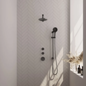 Brauer Gunmetal Edition thermostatische inbouw regendouche SET 19 met 20 cm douchekop en rechte muurarm en 3-standen handdouche en doucheslang en geïntegreerde glijstang... -...
