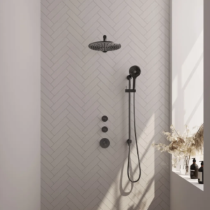 Brauer Gunmetal Edition thermostatische inbouw regendouche SET 20 met 30 cm douchekop en rechte muurarm en 3-standen handdouche en doucheslang en geïntegreerde glijstang... -...