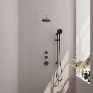 Brauer Gunmetal Edition thermostatische inbouw regendouche SET 21 met 20 cm douchekop en gebogen muurarm en 3-standen handdouche en doucheslang en geïntegreerde glijstang... -...