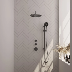 Brauer Gunmetal Edition thermostatische inbouw regendouche SET 22 met 30 cm douchekop en gebogen muurarm en 3-standen handdouche en doucheslang en geïntegreerde glijstang... -...