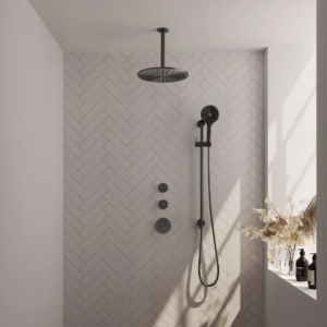 Brauer Gunmetal Edition thermostatische inbouw regendouche SET 24 met 30 cm douchekop en plafondarm en 3-standen handdouche en doucheslang en geïntegreerde glijstang gunmetal......