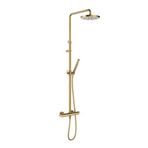 Hotbath Ace SDS11 opbouw regendoucheset met staafhanddouche en 20,6cm ronde hoofddouche aan glijstang geborsteld messing PVD - Loodgieter in hengelo