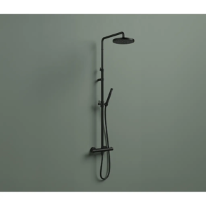 Hotbath Ace SDS11 opbouw regendoucheset met staafhanddouche en 20,6cm ronde hoofddouche aan glijstang geborsteld zwart PVD - Loodgieter in hengelo
