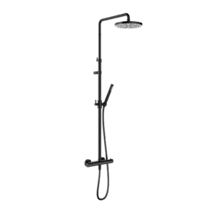Hotbath Ace SDS11 opbouw regendoucheset met staafhanddouche en 20,6cm ronde hoofddouche aan glijstang gepolijst zwart PVD - Loodgieter in hengelo