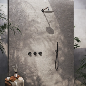 Hotbath Archie IBS33 inbouw regendoucheset met staafhanddouche aan houder en 20cm ronde hoofddouche aan 40cm wandarm geborsteld gunmetal PVD - Loodgieter in hengelo