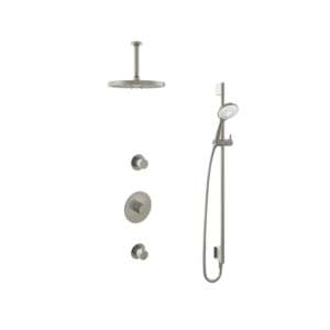 Hotbath Buddy IBS1 inbouw regendoucheset met ronde handdouche aan glijstang en 30cm ronde hoofddouche aan 15cm plafondarm geborsteld nikkel - Loodgieter in hengelo