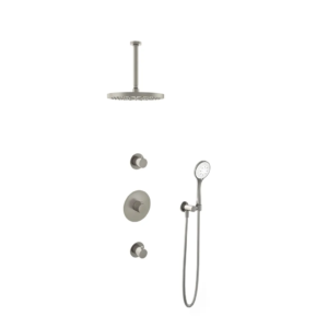Hotbath Buddy IBS1 inbouw regendoucheset met ronde handdouche aan glijstang en 30cm ronde hoofddouche aan 30cm plafondarm geborsteld nikkel - Loodgieter in hengelo