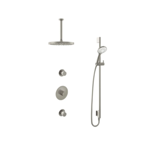 Hotbath Buddy IBS1 inbouw regendoucheset met ronde handdouche aan glijstang en 30cm ronde hoofddouche aan 30cm plafondarm geborsteld nikkel - Loodgieter in hengelo