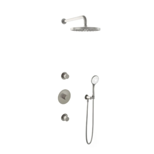 Hotbath Buddy IBS1 inbouw regendoucheset met ronde handdouche aan houder en 30cm ronde hoofddouche aan 35cm wandarm geborsteld nikkel - Loodgieter in hengelo