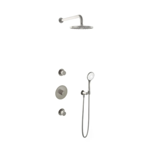 Hotbath Buddy IBS1 inbouw regendoucheset met ronde handdouche aan houder en 20cm ronde hoofddouche aan 35cm wandarm geborsteld nikkel - Loodgieter in hengelo