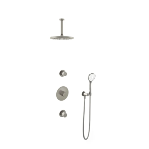 Hotbath Buddy IBS1 inbouw regendoucheset met ronde handdouche aan houder en 25cm ronde hoofddouche aan 15cm plafondarm geborsteld nikkel - Loodgieter in hengelo