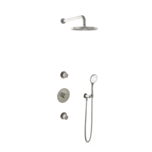 Hotbath Buddy IBS1 inbouw regendoucheset met ronde handdouche aan houder en 25cm ronde hoofddouche aan 35cm wandarm geborsteld nikkel - Loodgieter in hengelo
