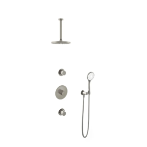 Hotbath Buddy IBS1 inbouw regendoucheset met ronde handdouche aan houder en 20cm ronde hoofddouche aan 30cm plafondarm geborsteld nikkel - Loodgieter in hengelo