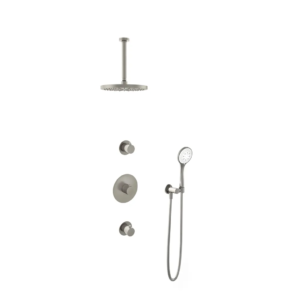Hotbath Buddy IBS1 inbouw regendoucheset met ronde handdouche aan houder en 25cm ronde hoofddouche aan 30cm plafondarm geborsteld nikkel - Loodgieter in hengelo