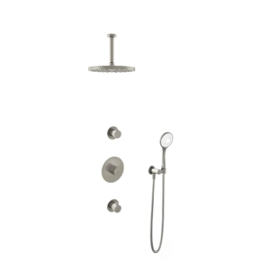 Hotbath Buddy IBS1 inbouw regendoucheset met ronde handdouche aan houder en 30cm ronde hoofddouche aan 15cm plafondarm geborsteld nikkel - Loodgieter in hengelo