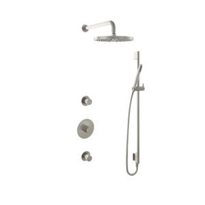 Hotbath Buddy IBS1 inbouw regendoucheset met staafhanddouche aan glijstang en 30cm ronde hoofddouche aan 35cm wandarm geborsteld nikkel - Loodgieter in hengelo