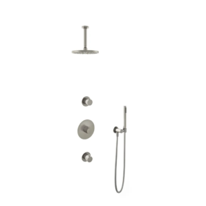 Hotbath Buddy IBS1 inbouw regendoucheset met staafhanddouche aan houder en 20cm ronde hoofddouche aan 15cm plafondarm geborsteld nikkel - Loodgieter in hengelo