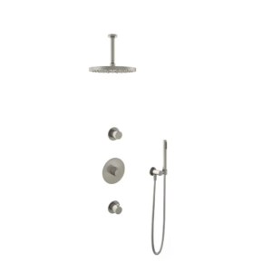 Hotbath Buddy IBS1 inbouw regendoucheset met staafhanddouche aan houder en 30cm ronde hoofddouche aan 15cm plafondarm geborsteld nikkel - Loodgieter in hengelo
