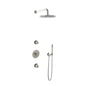 Hotbath Buddy IBS1 inbouw regendoucheset met staafhanddouche aan houder en 30cm ronde hoofddouche aan 35cm wandarm geborsteld nikkel - Loodgieter in hengelo