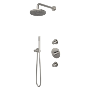 Hotbath Buddy IBS1 inbouw regendoucheset met staafhanddouche aan houder en 20cm ronde hoofddouche aan 35cm wandarm geborsteld nikkel - Loodgieter in hengelo
