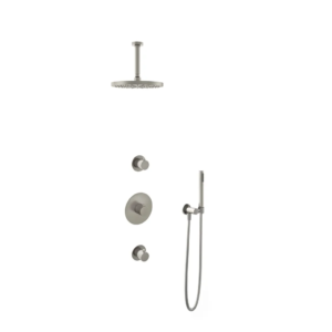 Hotbath Buddy IBS1 inbouw regendoucheset met staafhanddouche aan houder en 25cm ronde hoofddouche aan 15cm plafondarm geborsteld nikkel - Loodgieter in hengelo