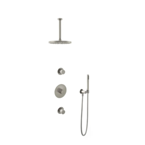 Hotbath Buddy IBS1 inbouw regendoucheset met staafhanddouche aan houder en 25cm ronde hoofddouche aan 30cm plafondarm geborsteld nikkel - Loodgieter in hengelo