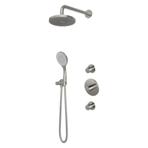 Hotbath Buddy IBS12 inbouw regendoucheset met ronde handdouche aan houder en 20cm hoofddouche aan wandarm geborsteld nikkel - Loodgieter in hengelo