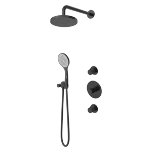 Hotbath Buddy IBS12 inbouw regendoucheset met ronde handdouche aan houder en 20cm hoofddouche aan wandarm geborsteld zwart PVD - Loodgieter in hengelo