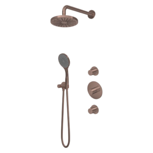 Hotbath Buddy IBS12 inbouw regendoucheset met ronde handdouche aan houder en 20cm hoofddouche aan wandarm geborsteld koper PVD - Loodgieter in hengelo