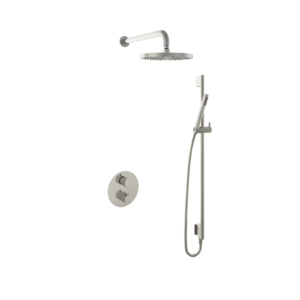 Hotbath Buddy IBS1A inbouw regendoucheset met staafhanddouche aan glijstang en 25cm ronde hoofddouche aan 35cm wandarm geborsteld nikkel - Loodgieter in hengelo