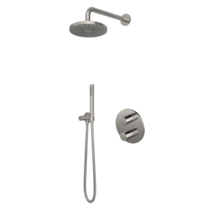 Hotbath Buddy IBS1A inbouw regendoucheset met staafhanddouche aan houder en 20cm ronde hoofddouche aan 35cm wandarm geborsteld nikkel - Loodgieter in hengelo