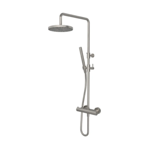 Hotbath Buddy SDS1 opbouw regendoucheset met ronde handdouche en 20cm ronde hoofddouche aan glijstang geborsteld nikkel - Loodgieter in hengelo
