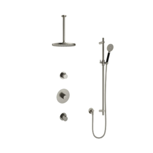 Hotbath Cobber IBS20 inbouw regendoucheset met ronde handdouche aan glijstang en 30cm ronde hoofddouche aan 30cm plafondarm geborsteld nikkel - Loodgieter in hengelo