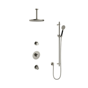 Hotbath Cobber IBS20 inbouw regendoucheset met ronde handdouche aan glijstang en 30cm ronde hoofddouche aan 15cm plafondarm geborsteld nikkel - Loodgieter in hengelo