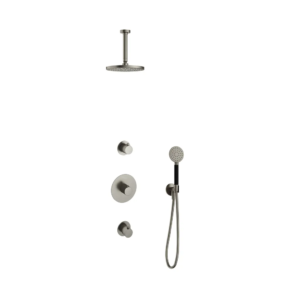 Hotbath Cobber IBS20 inbouw regendoucheset met ronde handdouche aan houder en 20cm ronde hoofddouche aan 15cm plafondarm geborsteld nikkel - Loodgieter in hengelo