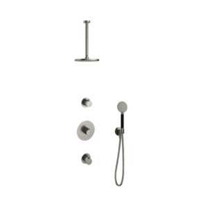Hotbath Cobber IBS20 inbouw regendoucheset met ronde handdouche aan houder en 20cm ronde hoofddouche aan 30cm plafondarm geborsteld nikkel - Loodgieter in hengelo