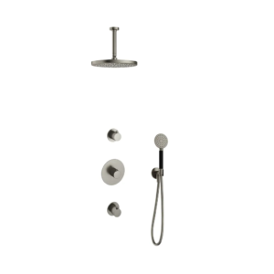 Hotbath Cobber IBS20 inbouw regendoucheset met ronde handdouche aan houder en 30cm ronde hoofddouche aan 15cm plafondarm geborsteld nikkel - Loodgieter in hengelo