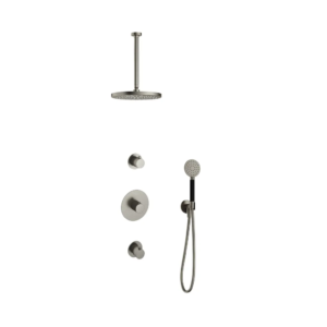 Hotbath Cobber IBS20 inbouw regendoucheset met ronde handdouche aan houder en 30cm ronde hoofddouche aan 30cm plafondarm geborsteld nikkel - Loodgieter in hengelo