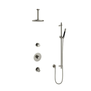 Hotbath Cobber IBS20 inbouw regendoucheset met staafhanddouche aan glijstang en 20cm ronde hoofddouche aan 15cm plafondarm geborsteld nikkel - Loodgieter in hengelo