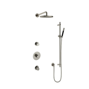 Hotbath Cobber IBS20 inbouw regendoucheset met staafhanddouche aan glijstang en 20cm ronde hoofddouche aan 40cm wandarm geborsteld nikkel - Loodgieter in hengelo