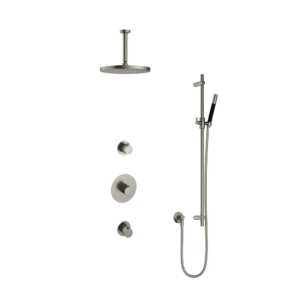 Hotbath Cobber IBS20 inbouw regendoucheset met staafhanddouche aan glijstang en 30cm ronde hoofddouche aan 15cm plafondarm geborsteld nikkel - Loodgieter in hengelo