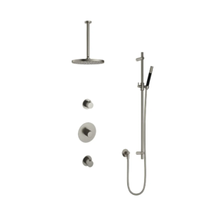 Hotbath Cobber IBS20 inbouw regendoucheset met staafhanddouche aan glijstang en 30cm ronde hoofddouche aan 30cm plafondarm geborsteld nikkel - Loodgieter in hengelo