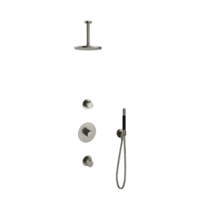 Hotbath Cobber IBS20 inbouw regendoucheset met staafhanddouche aan houder en 20cm ronde hoofddouche aan 15cm plafondarm geborsteld nikkel - Loodgieter in hengelo