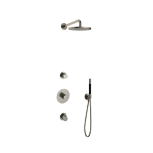 Hotbath Cobber IBS20 inbouw regendoucheset met staafhanddouche aan houder en 20cm ronde hoofddouche aan 40cm wandarm geborsteld nikkel - Loodgieter in hengelo