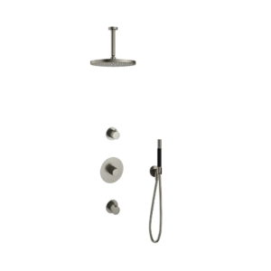 Hotbath Cobber IBS20 inbouw regendoucheset met staafhanddouche aan houder en 30cm ronde hoofddouche aan 15cm plafondarm geborsteld nikkel - Loodgieter in hengelo