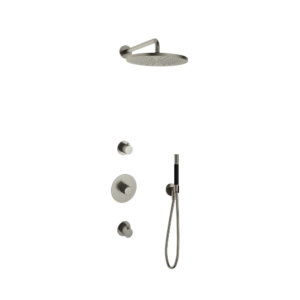 Hotbath Cobber IBS20 inbouw regendoucheset met staafhanddouche aan houder en 30cm ronde hoofddouche aan 40cm wandarm geborsteld nikkel - Loodgieter in hengelo