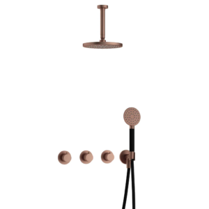 Hotbath Cobber IBS70 inbouw regendoucheset met ronde handdouche aan houder en 20cm ronde hoofddouche aan 15cm plafondarm geborsteld koper PVD - Loodgieter in hengelo